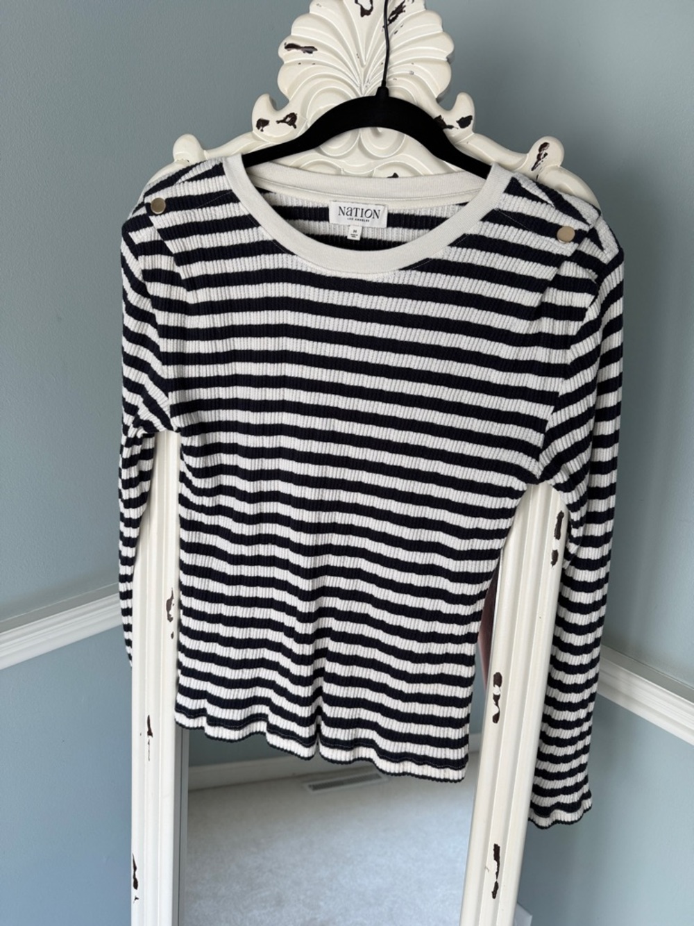 Nation LTD Navy & White Striped Long Sleeve Ribbed Top with Shoulder Buttons
